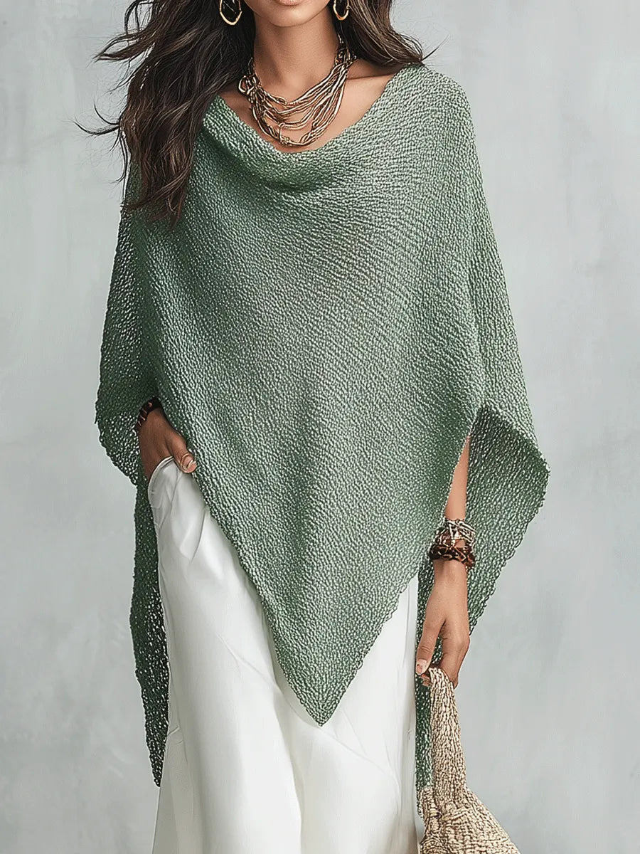 Coastal Boho Sage Knit Poncho & White Satin Midi Dress Set