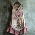 Women's Cherry Blossom Embroidery Art Linen Tank Dress