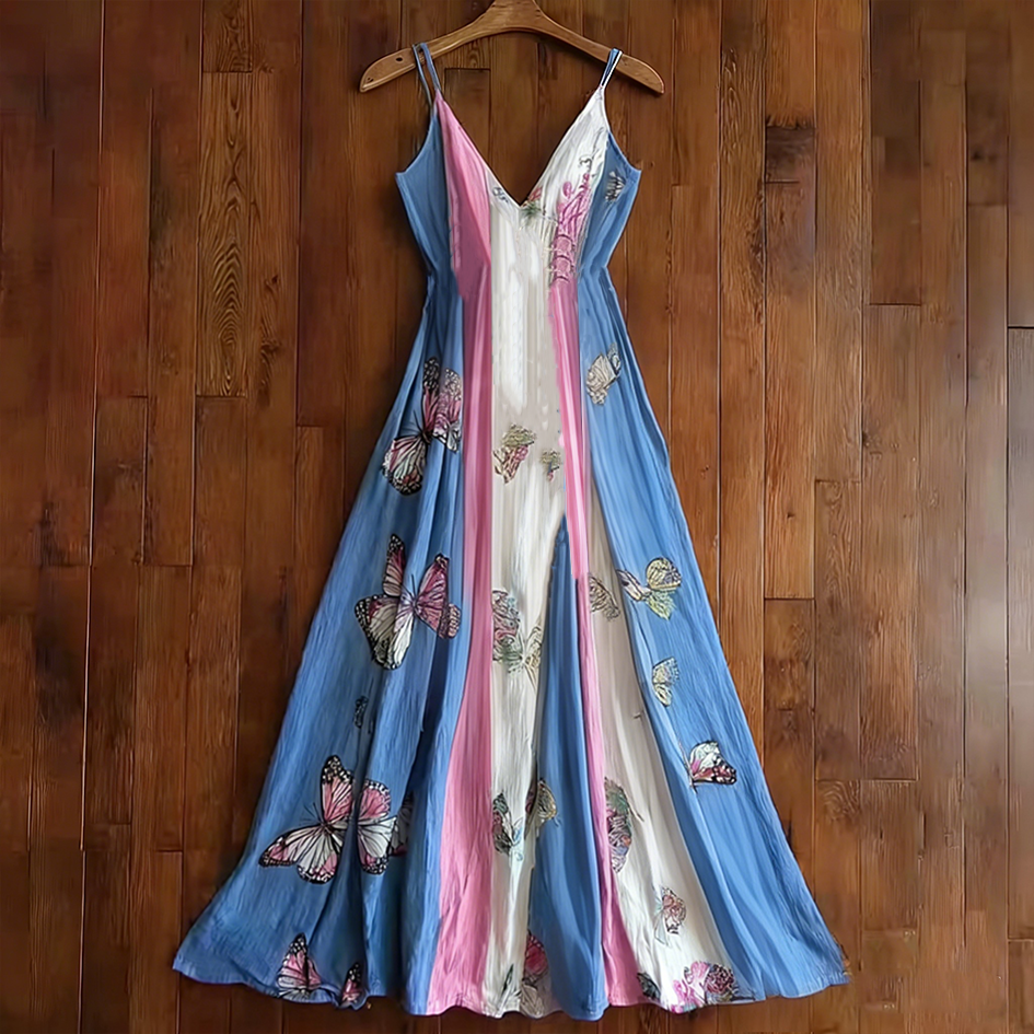 Retro Butterfly Print Transgender Colorblock Patchwork Dress