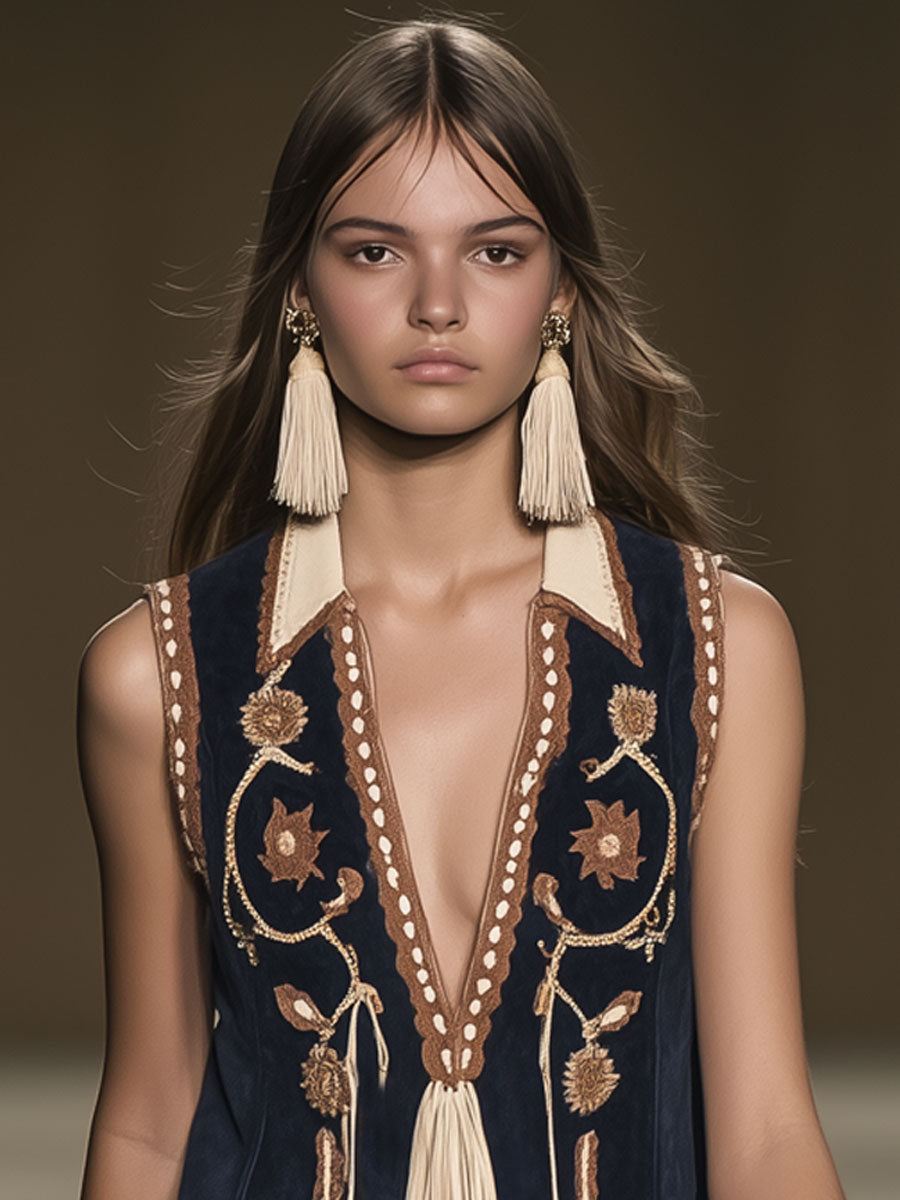 [24-hour shipping out]Casual Loose Vintage Suede Bohemian Embroidered Tassel Sleeveless Mini Dress