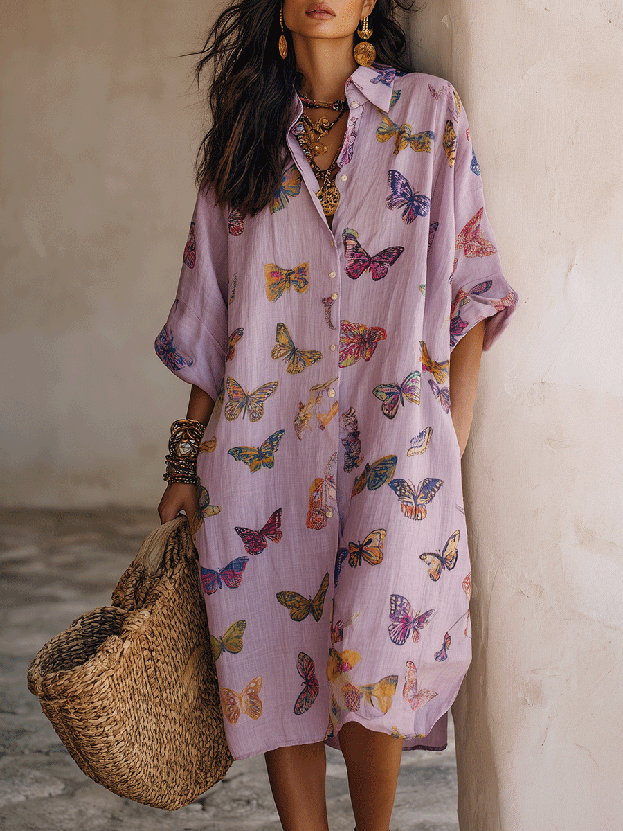 Romantic Boho Soft Fabric Everyday Wear Oversized Shirt Midi Dress