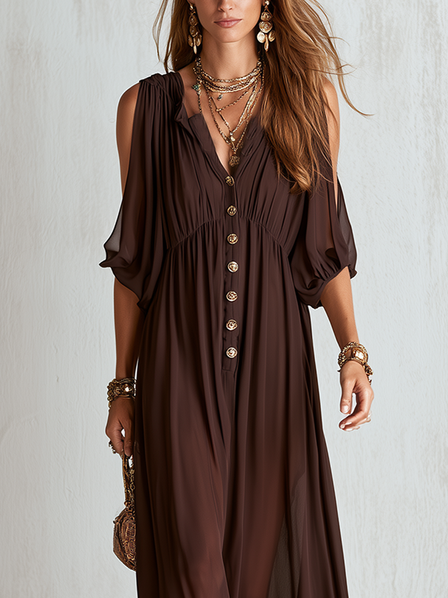 Bohemian Brown Off Shoulder Chiffon Maxi Dress