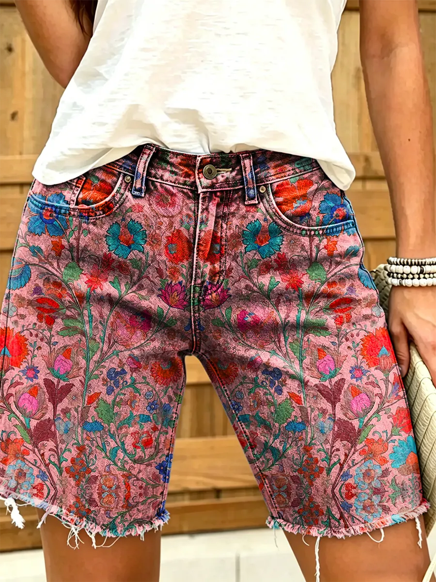 Ethnicity Flowers Geometry Women's Art Print Casual Denim Shorts