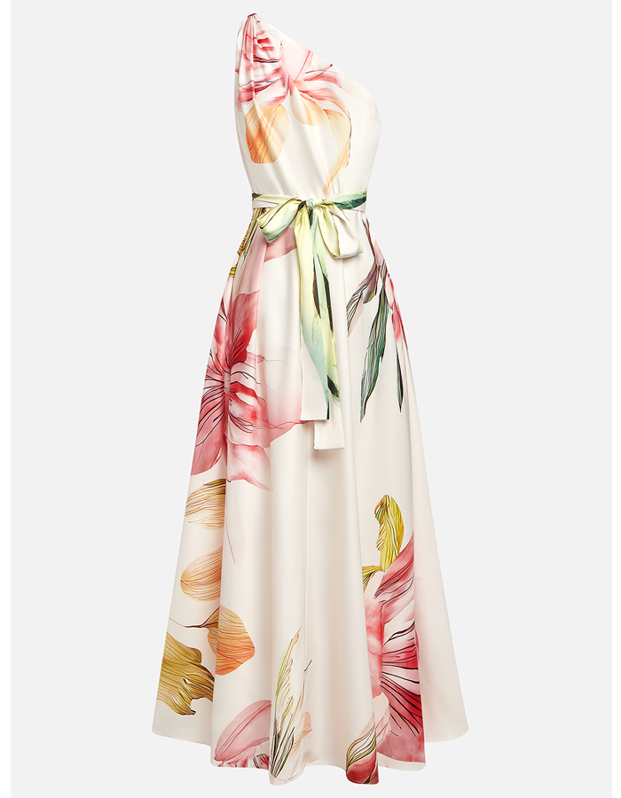 One-Shoulder Neckline With Floral Print A-Line Maxi Dress
