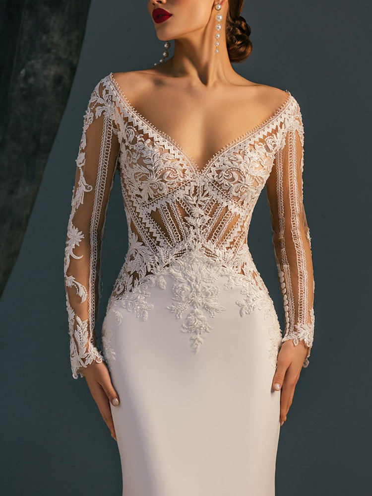 Elegant V-Neck Embroidered See-Through White Mermaid Wedding Maxi Dress