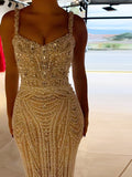 Sequinned Flower Embroidery Sleeveless spaghetti neck beaded Evening Maxi Dresses