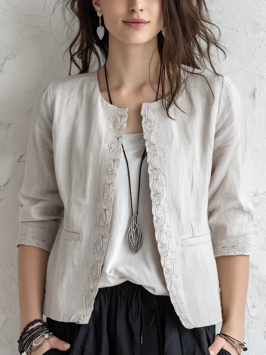 Exquisite Ivory Embroidered Linen Cardigan