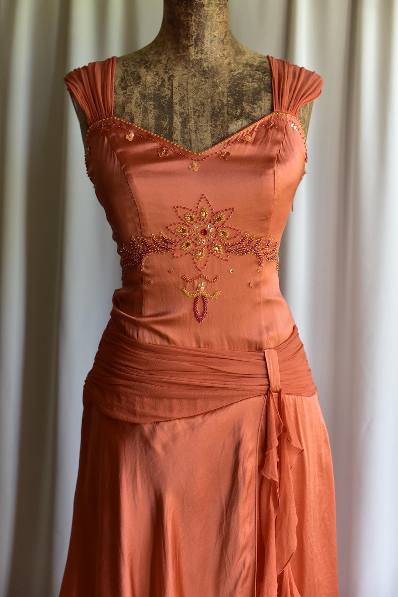 Y2K Vintage Silk Maxi Dress: Fairycore Style Beaded Floral Print Party Dress