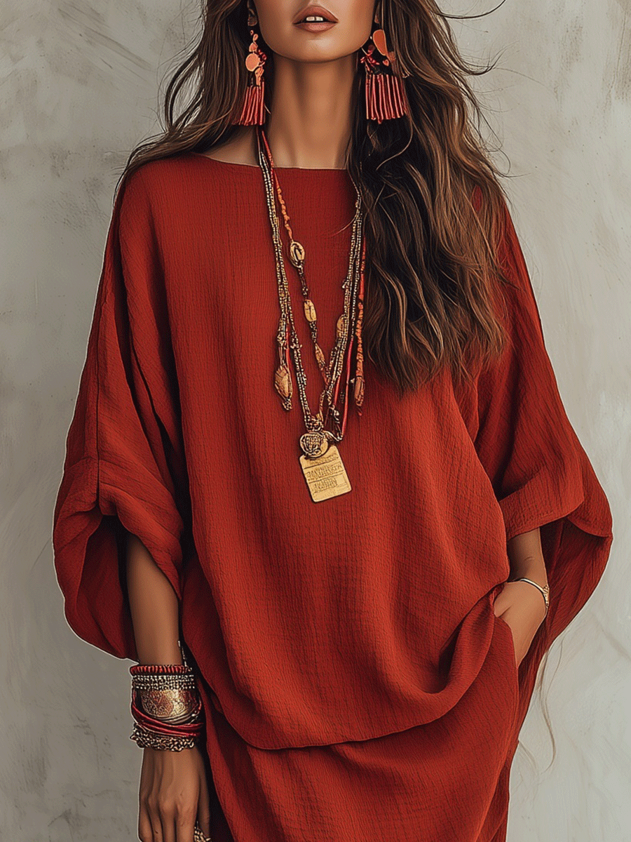 Effortless Boho Cotton-Linen Batwing Drop-Waist Rust Two-Piece Set