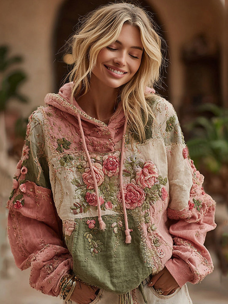 Women's Rose Embroidery Patchwork Art Hooded Sweatshirt