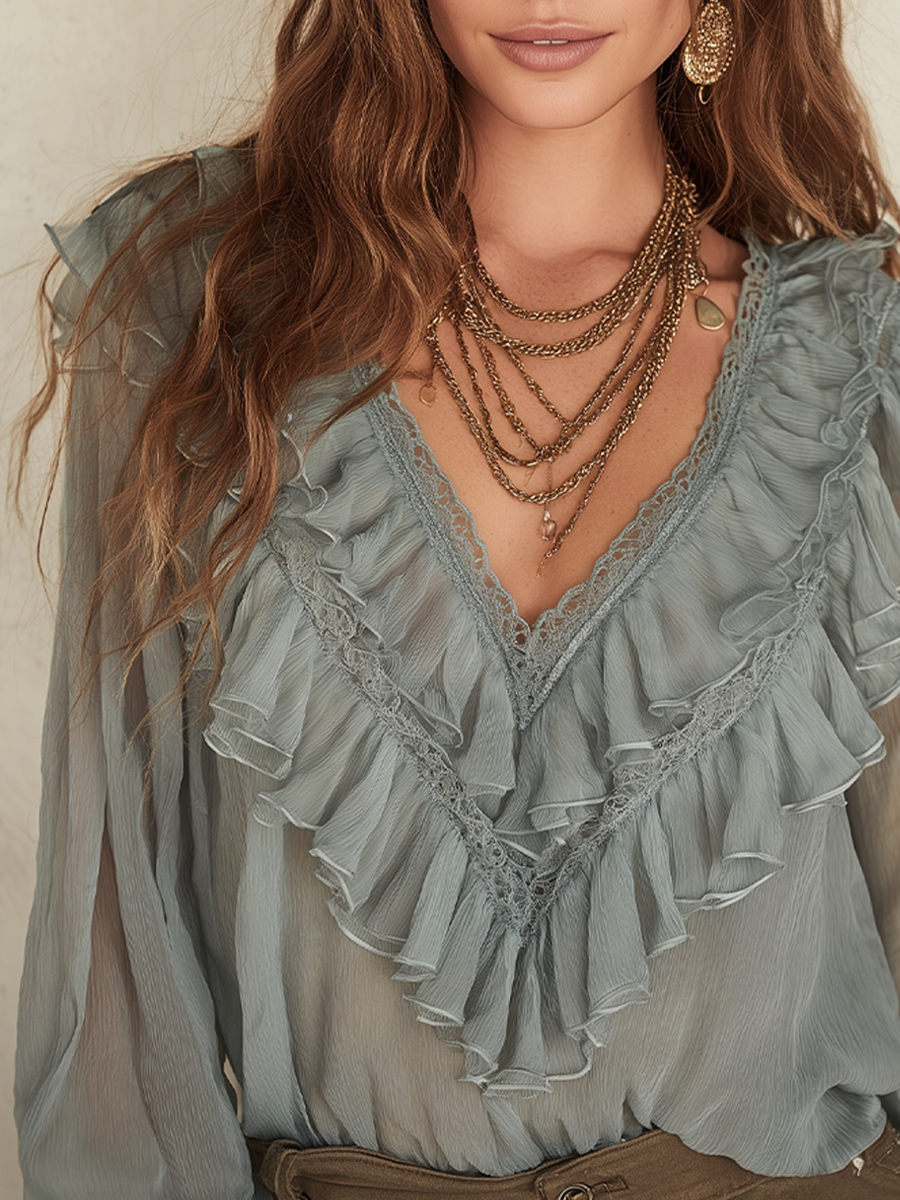 Bohemian Sage Green Lace Ruffled Shirt