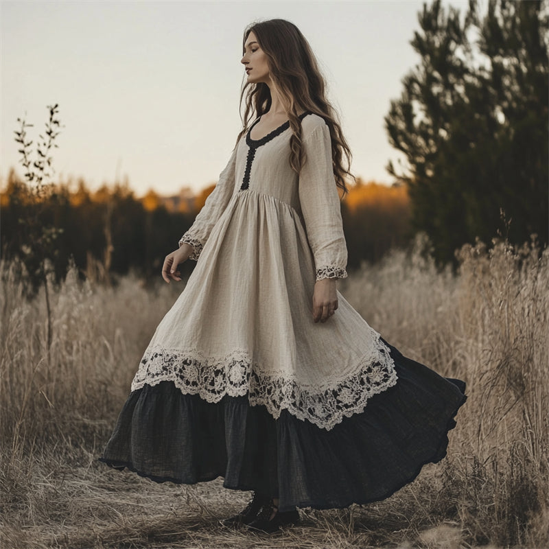 Vintage Lace Hem Contrast Bottom Flowy Linen Dress