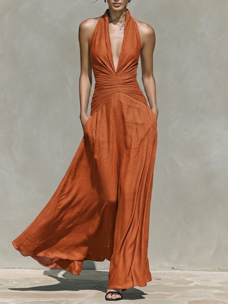 Stylish Halter-neck Sleeveless Linen And Cotton Maxi Dress