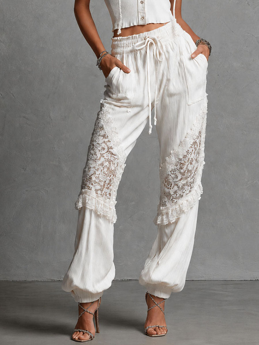Lace-trimmed Ribbed Cropped Hoodie + Lace-paneled Joggers Set