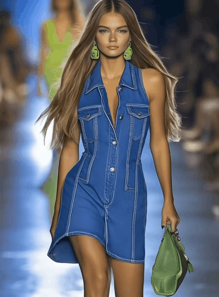[24-hour shipping out]Premium Denim V-Neck Zipper Mini Dress