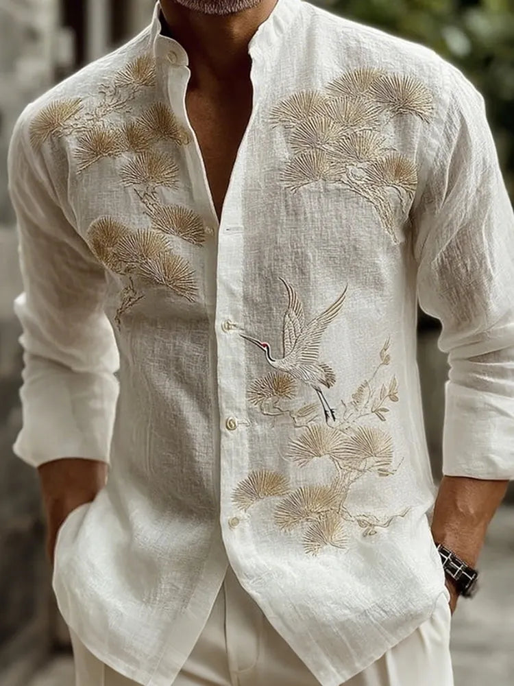 Men's Japanese-style Pine Tree With Cranes Pattern Linen Blend Shirt