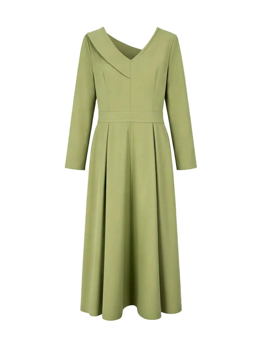 A-Line High Waisted Pleated Pockets Solid Color V-Neck Maxi Dresses