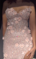 Pink 3D Floral Rhinestone Maxi Dress with High Slit & Mermaid Silhouette