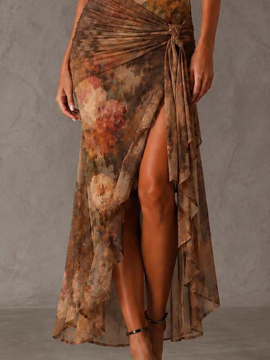 Draped Cowl Neck Vintage Floral Mesh Tie Side High Slit Midi Dress