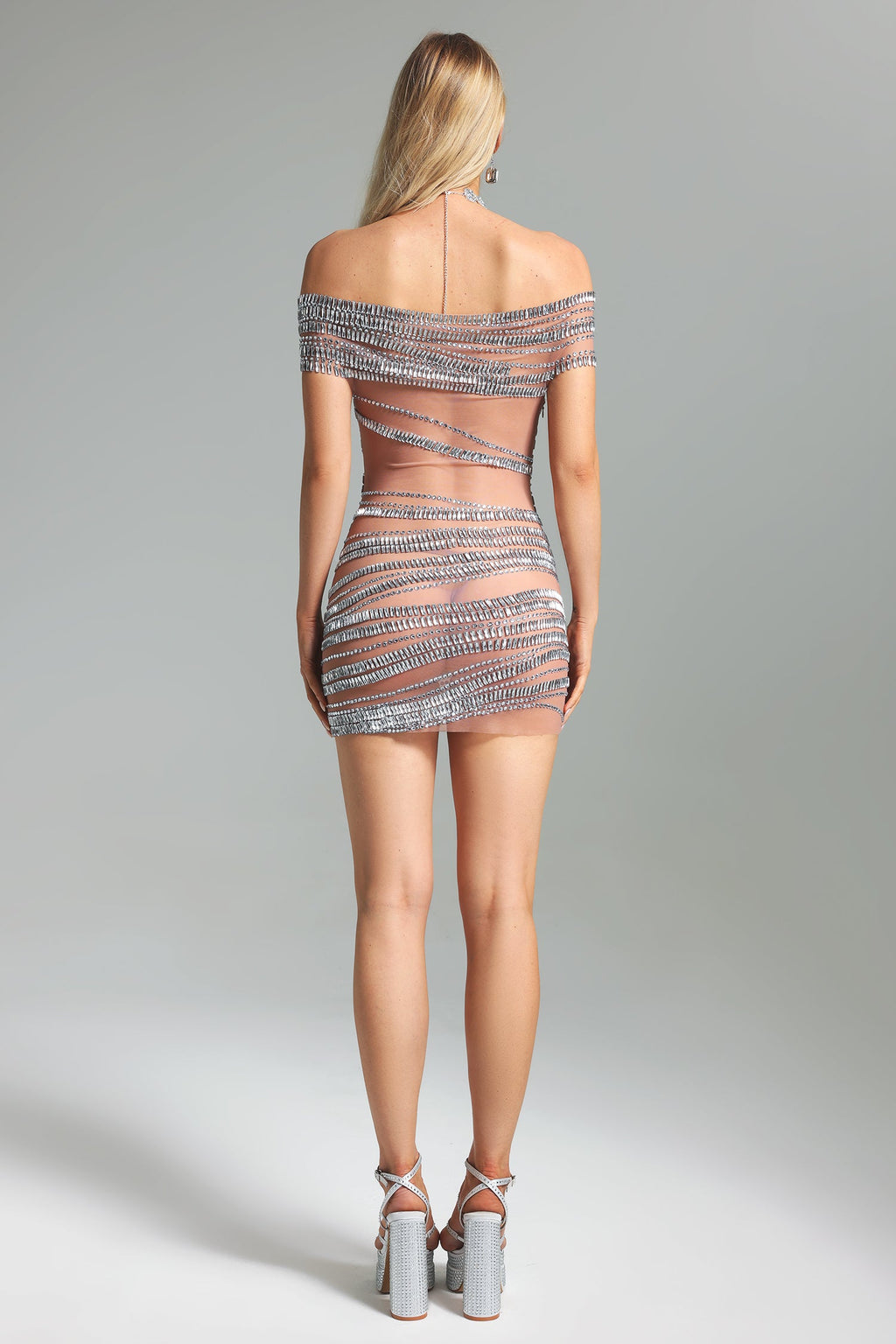 Deme Diamante Mesh Off Shoulder Mini Dress