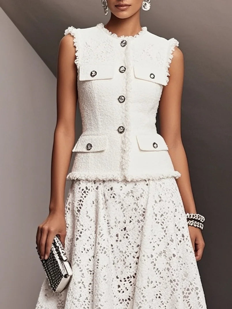 Women Tweed White Buckle Pocket Stitching Crew Neck Sleeveless Dressy Coat With Skirt Two-Piece Set