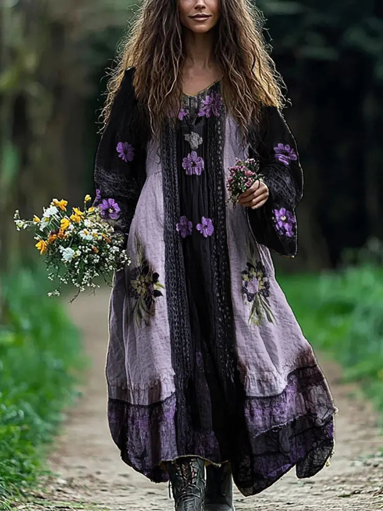 Purple Floral Lace Hem Patchwork Flowy Linen Dress