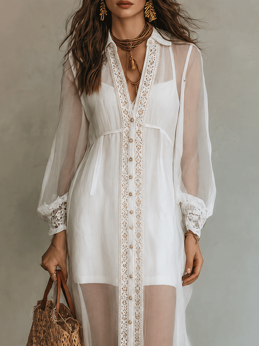 Elegant Vacation Pearl White Button-Front Lace Midi Dress