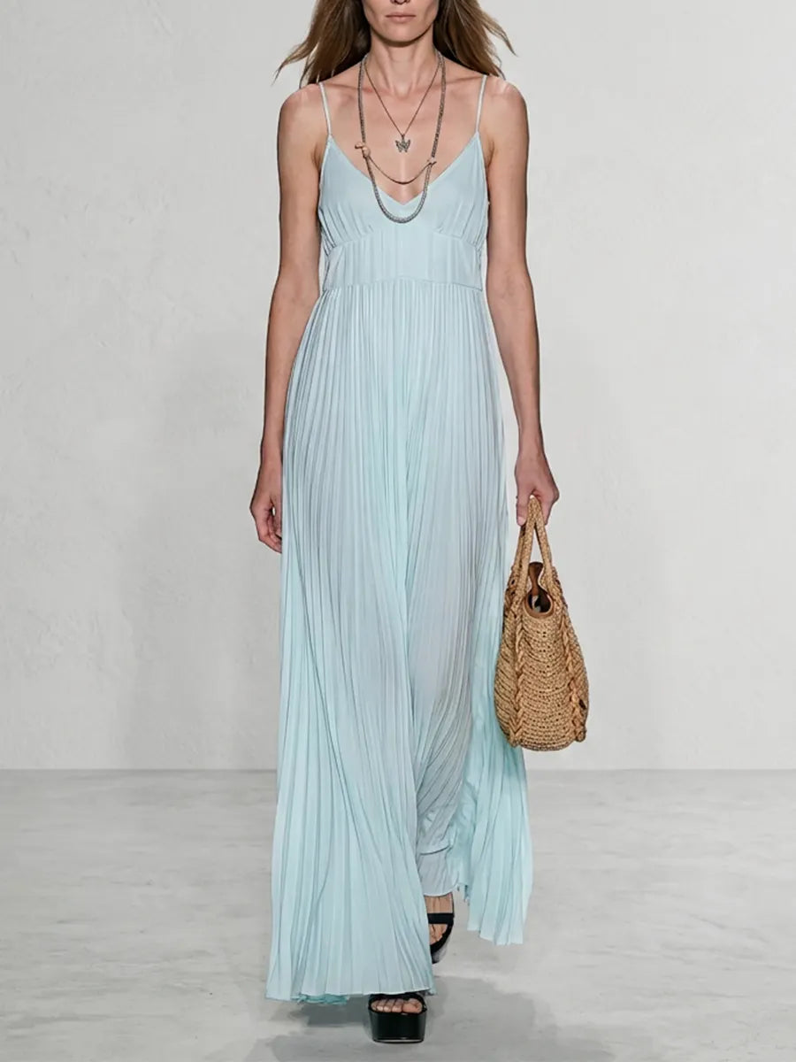Resort Sleeveless Accordion Pleated A-Line Beach Maxi Dress