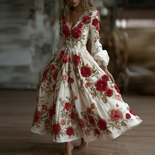 Bohemian Style Red Rose Retro Cotton And Linen Woman's V-neck Dress