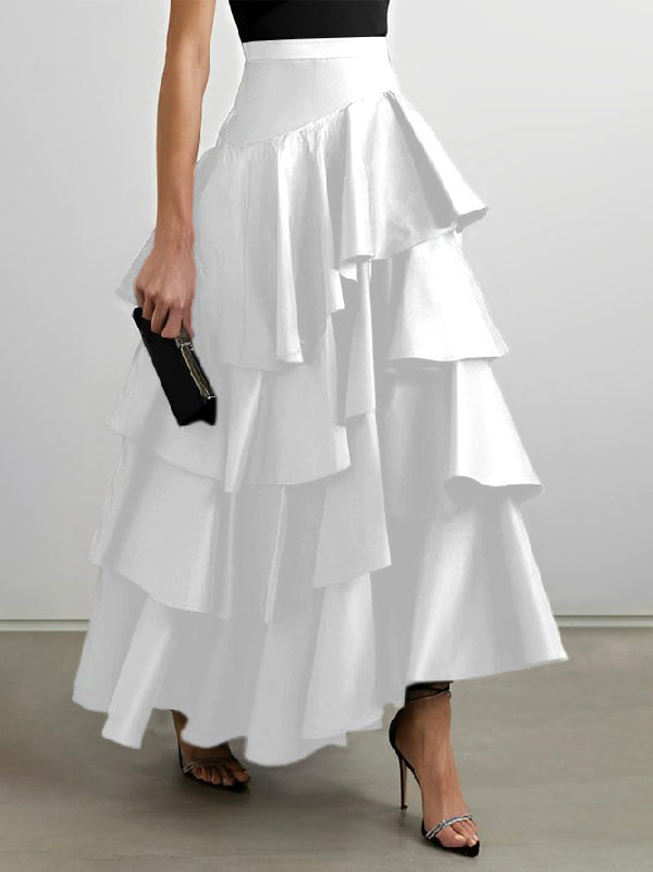A-Line High Waisted Falbala Solid Color Long Skirts Skirts Bottoms