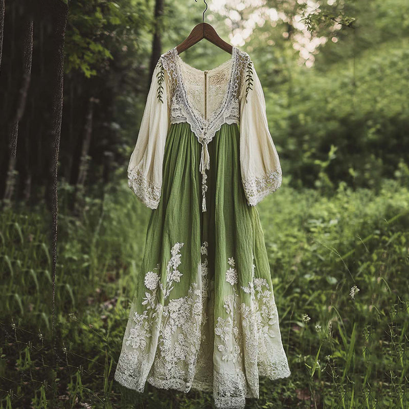 Vintage Floral Embroidered Pattern Linen Contrast Color Maxi Dress
