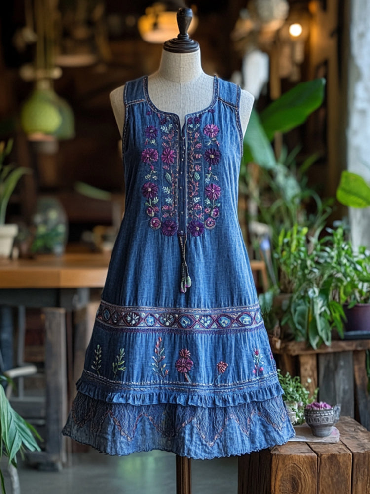 Vintage Bohemian Floral Embroidery Linen Mini Dress