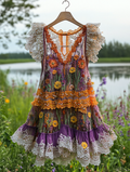 Summer Vacation Ruffle Lace Contrast Color Dress a9f8