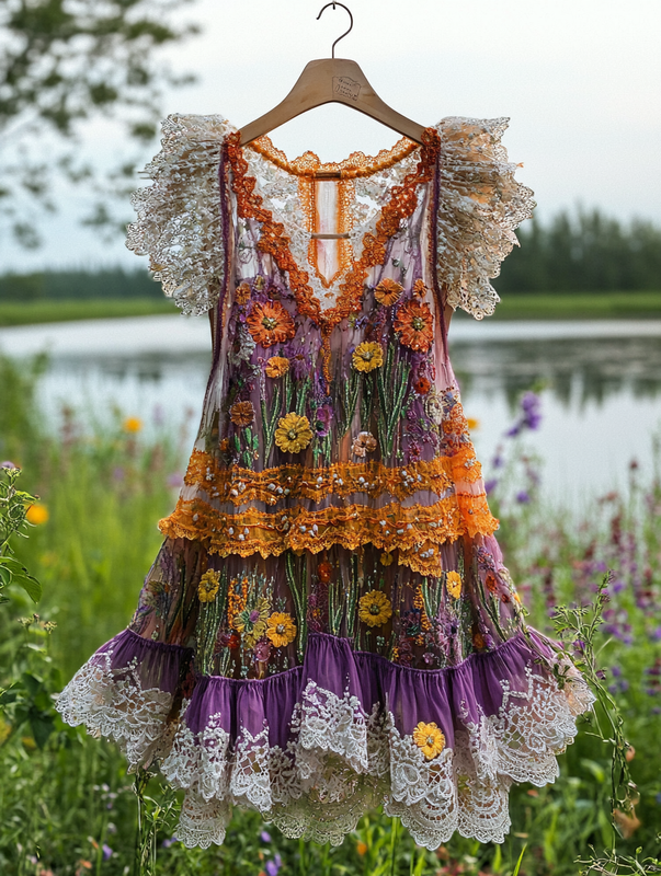 Summer Vacation Ruffle Lace Contrast Color Dress a9f8