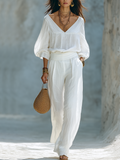 Minimalist Bohemian Style White Linen Puff Sleeve Top And Pants Set