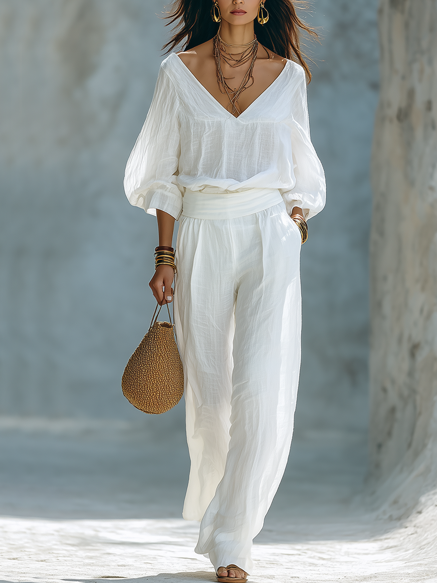 Minimalist Bohemian Style White Linen Puff Sleeve Top And Pants Set