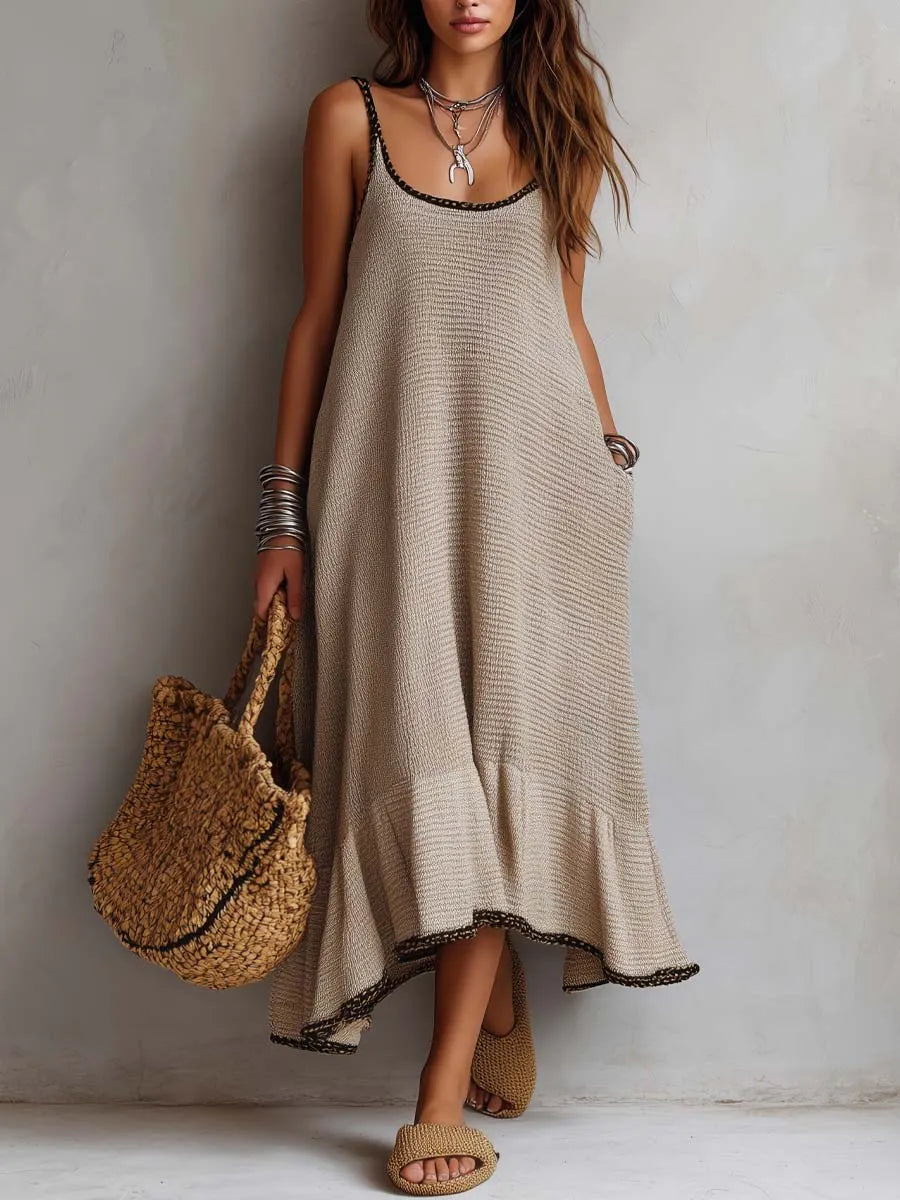 Contrast Piping And Flared Hem Knit Midi Dress