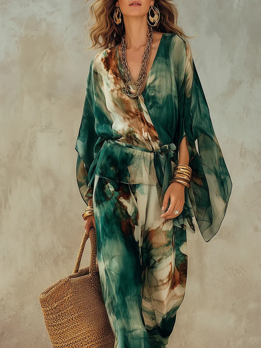 Bohemian Green Tie-dye Batwing Sleeve Top And Pants Set
