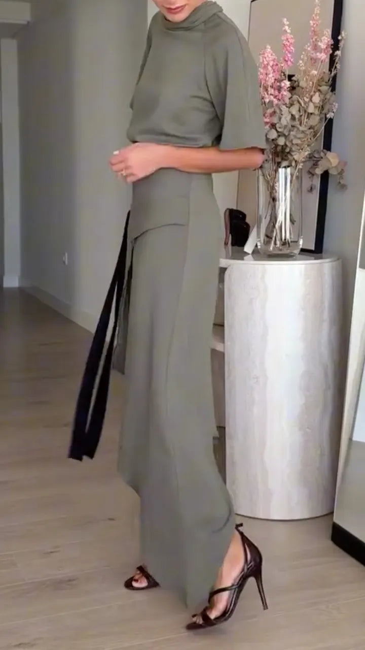 High Neck Short Sleeve Wrap Waist Dress