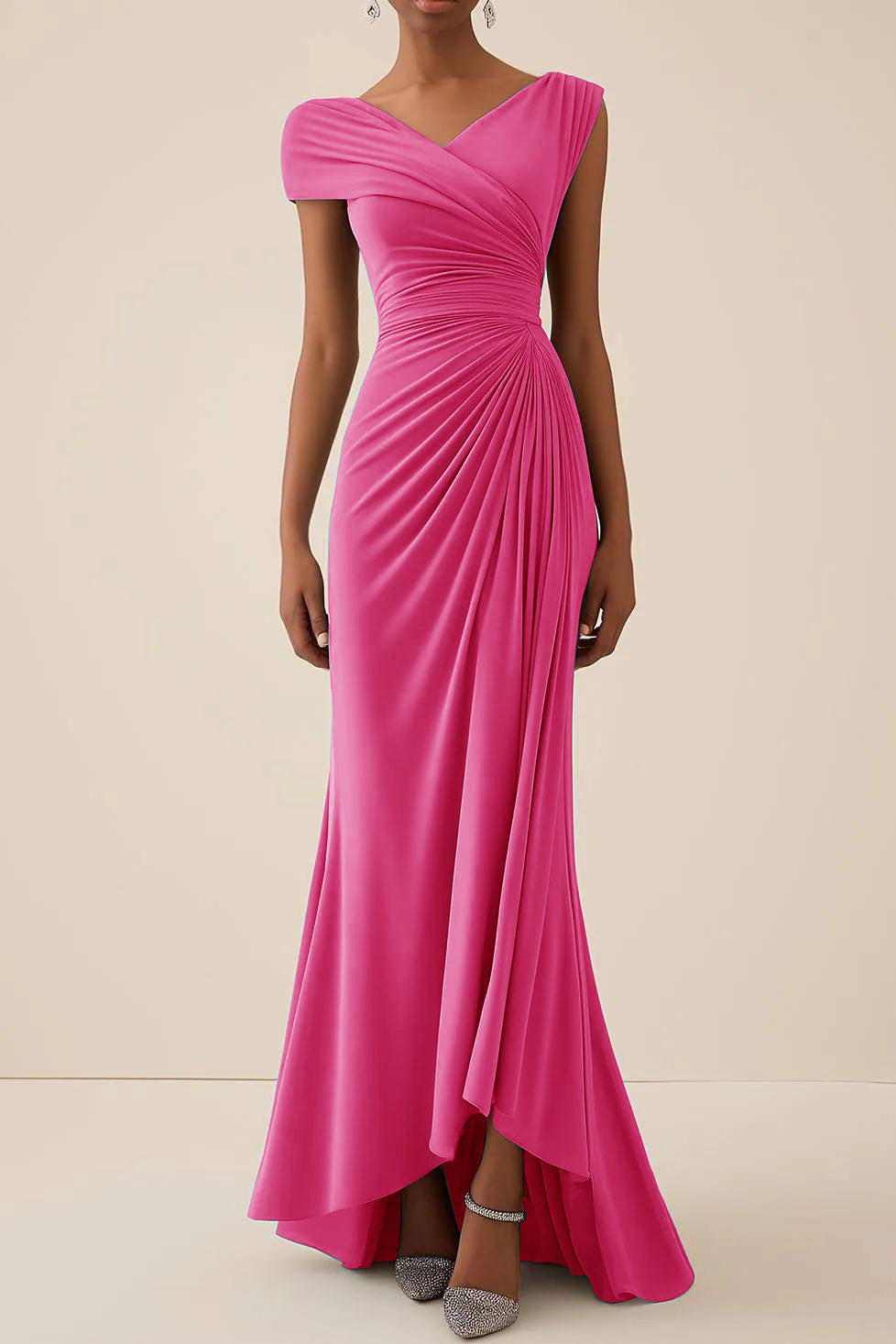 Wedding Guest Party Dress Blue Ruched V Neck Maxi Dress