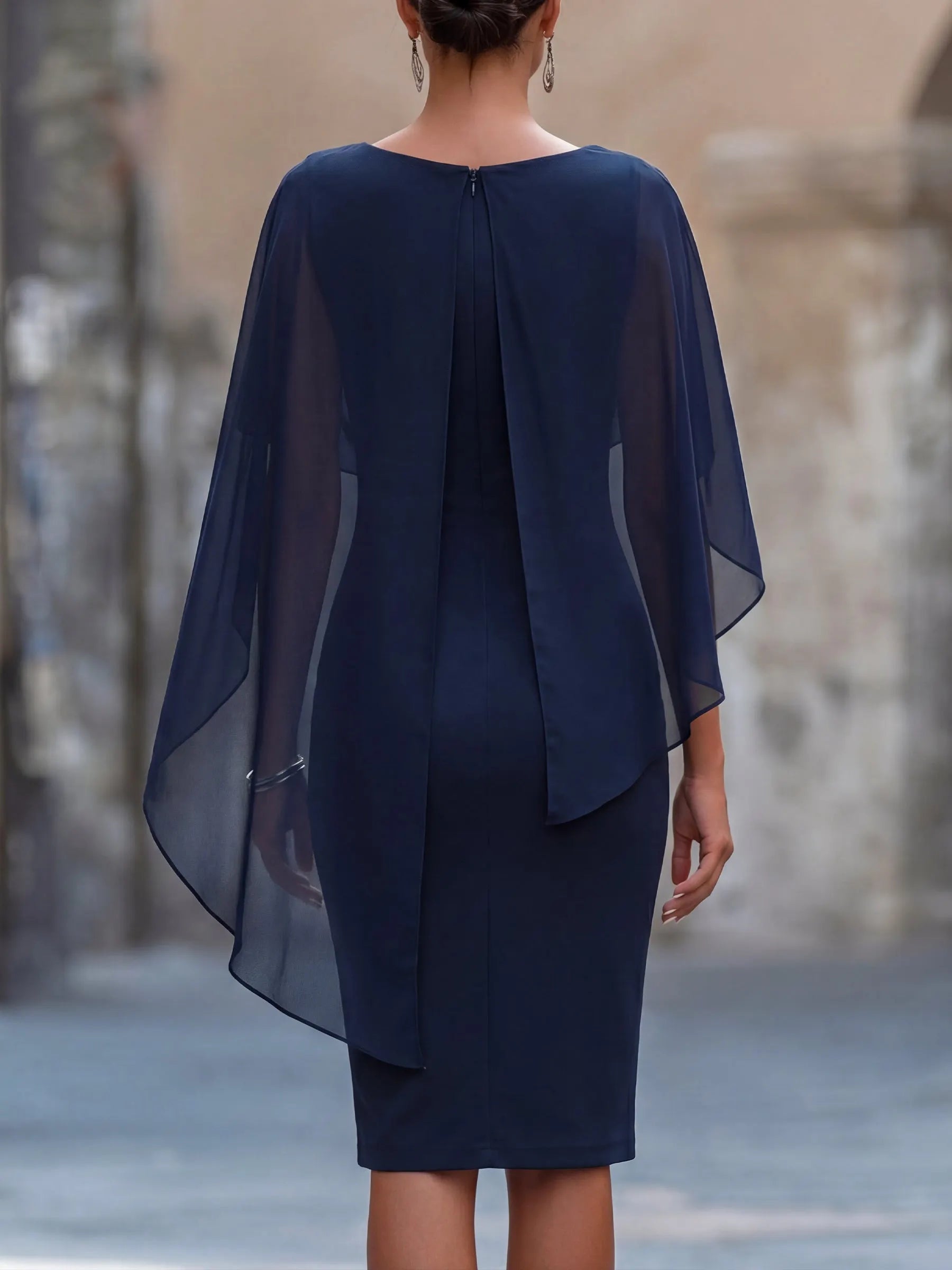 Draped Chiffon Cape Overlay Pencil Midi Dress