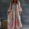 Women's Floral And Butterfly Art Print Flowy Linen Blend Casual V Neck Maxi Dress