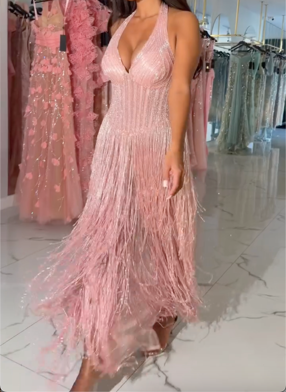 Halter Deep V Corset Pink Glitter Fringe Maxi Evening Gown, Vertical Beaded Sheer Formal Party Dress