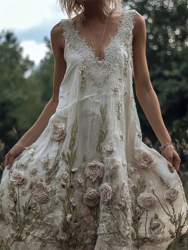 Vintage Pink & White Roses Fiber Art Glitter Lace Flowy Linen Dress
