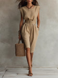 Belted Sleeveless Linen Bermuda Jumpsuit