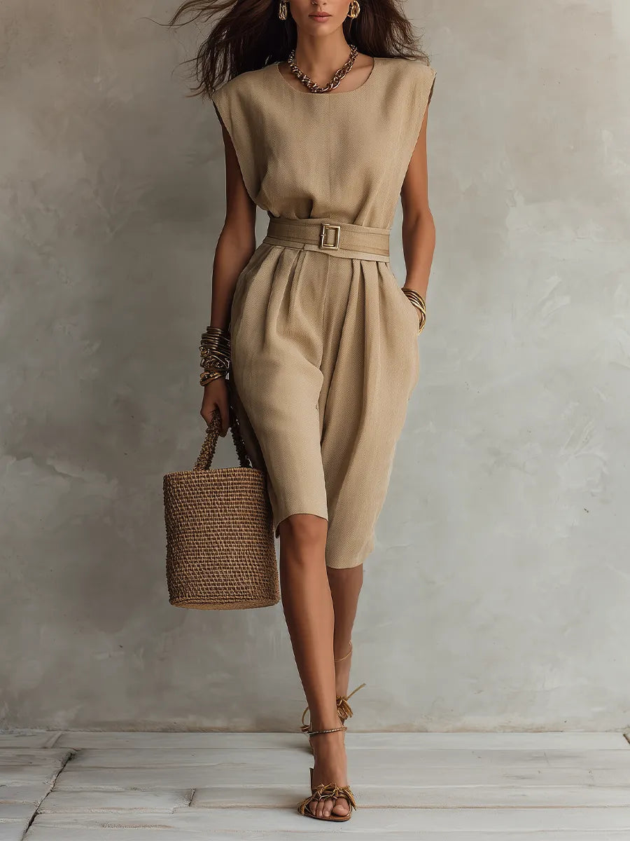 Belted Sleeveless Linen Bermuda Jumpsuit