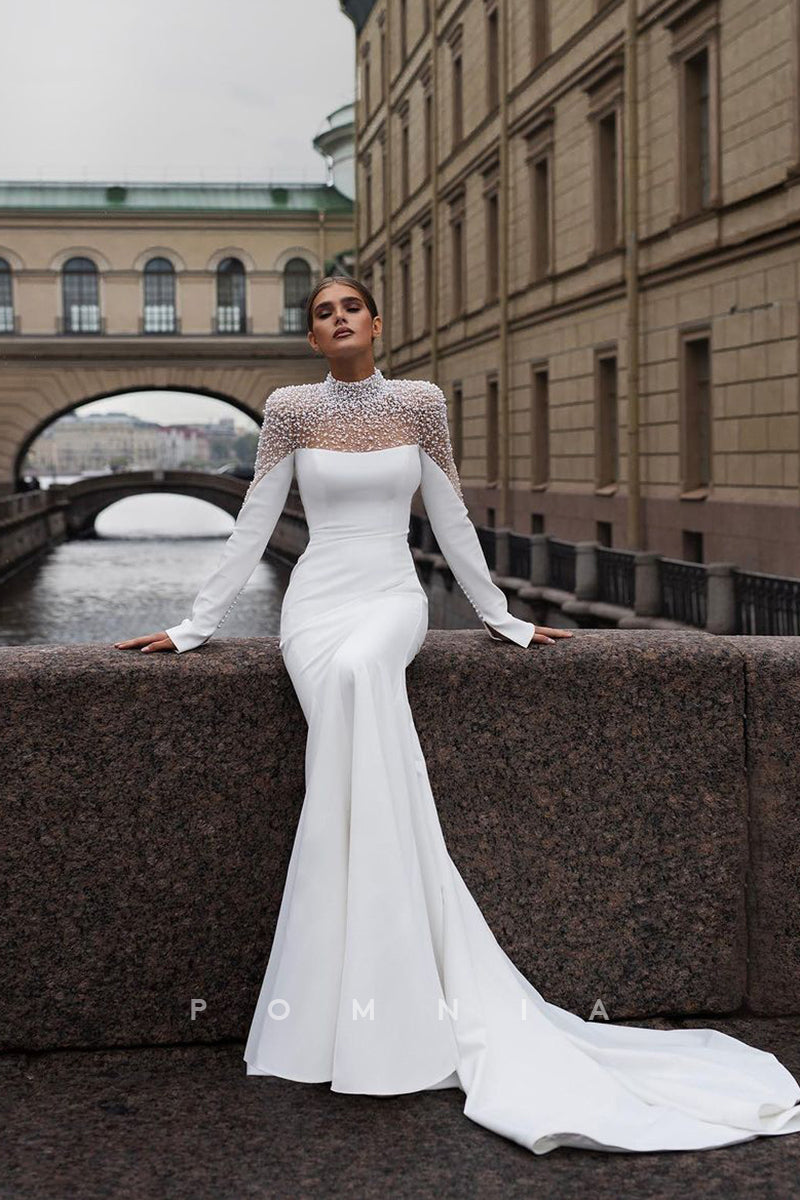 P3093 - Elegant High Neck Pearls Long Sleeves Mermaid Long Beach Wedding Dress