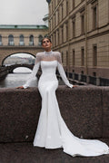 P3093 - Elegant High Neck Pearls Long Sleeves Mermaid Long Beach Wedding Dress