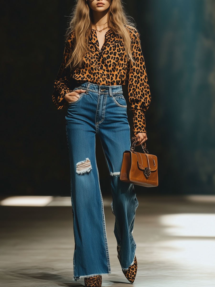[24-hour shipping out]Casual Loose Vintage Velvet Leopard Print Long Sleeve Blouse