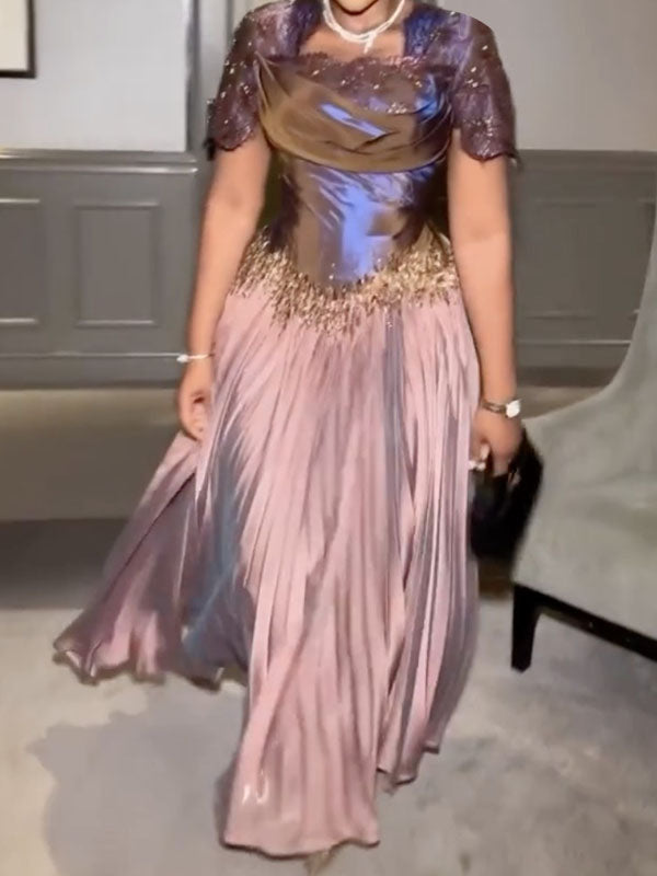 Chic Sparkly Pleated Short Sleeve Plus Size Formal Dress Evening Gown